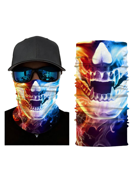 Tube Face Mask with 3D all over print graffiti skull design in fiery blue flame aesthetic for men women unisex breathable soft stretchy windproof