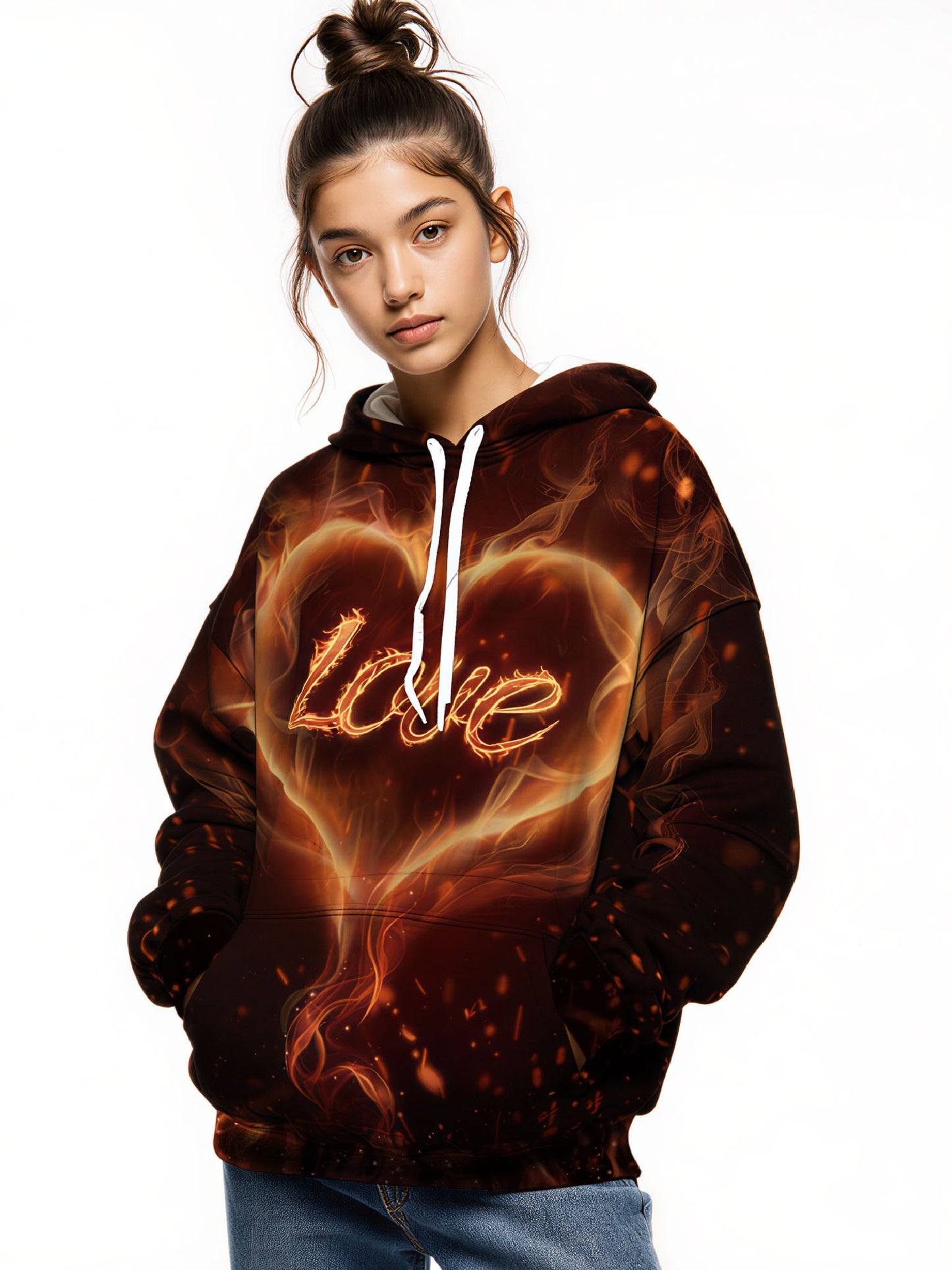 Unisex Pullover Hoodie with 3D All Over Print featuring Fiery Heart and “Love” Script in Y2K Aesthetic, Soft Cotton Blend, Loose Fit Casual Streetwear