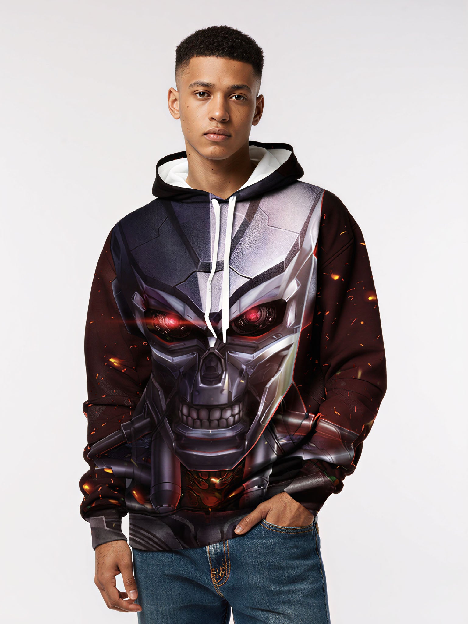 Unisex 3D All Over Print Hoodie with Cyberpunk Robot Skull Design, Soft Cotton Blend Streetwear