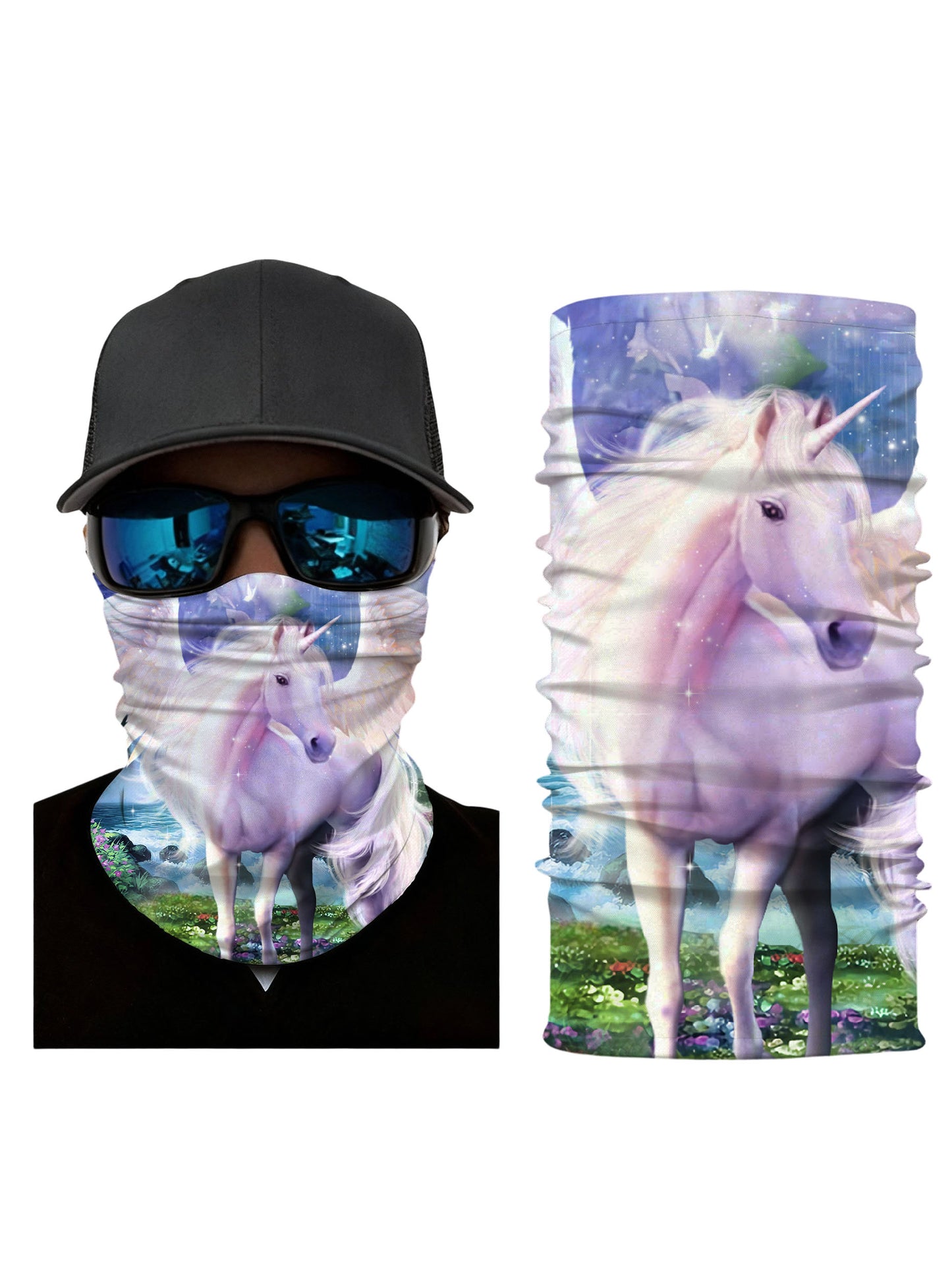 Unisex Neck Gaiter with 3D all over print featuring ethereal unicorn in galaxy nebula landscape, Aesthetic style, soft stretchy and breathable fabric for daily wear