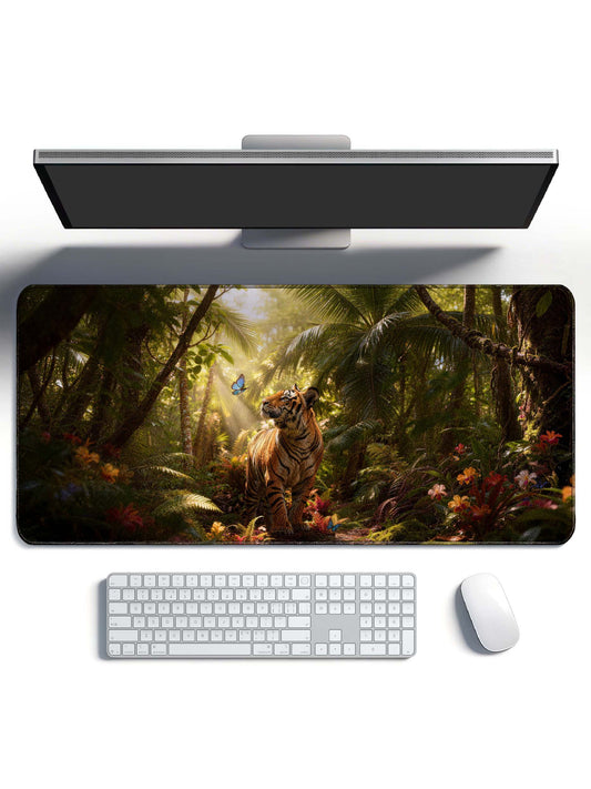Tiger Watching Butterfly In Tropical Rainforest Extended Desk Mat