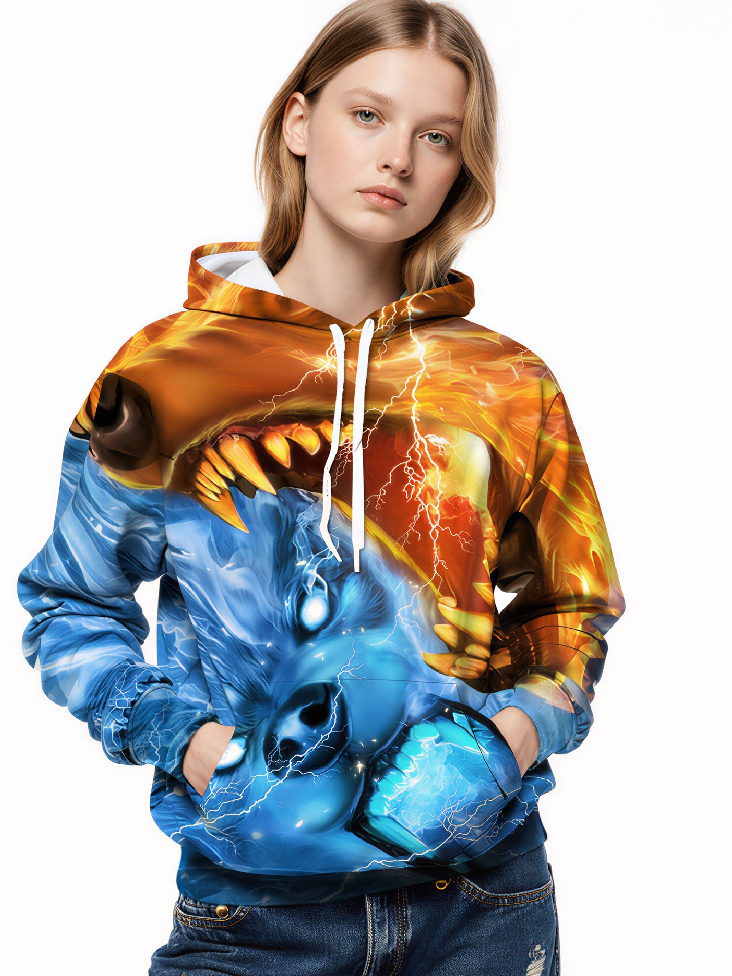 Unisex 3D All Over Print Hoodie Fire Ice Wolf Lightning Streetwear Pullover