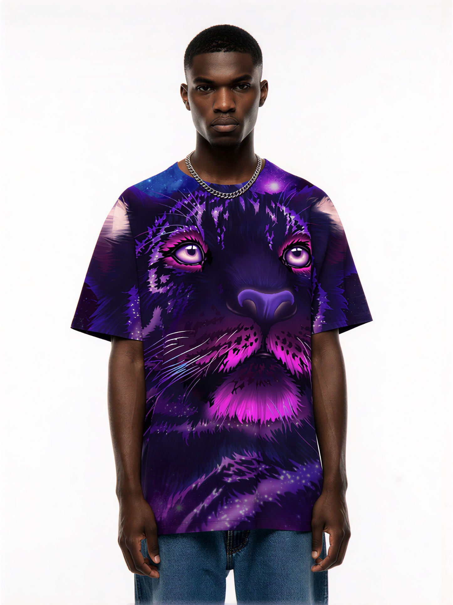 3D All Over Print T-Shirt Men Women Galaxy Panther Face Purple Cosmic Style