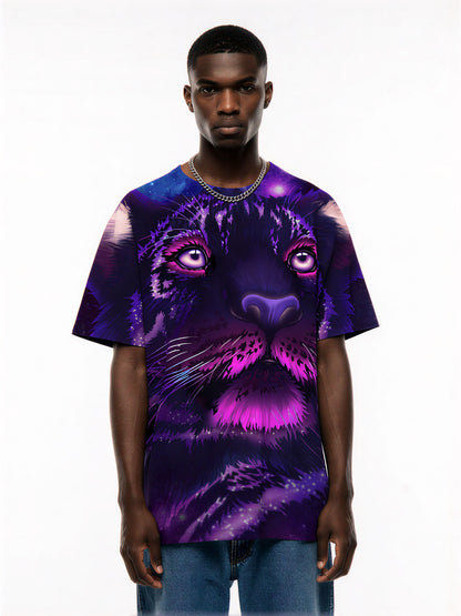 3D All Over Print T-Shirt Men Women Galaxy Panther Face Purple Cosmic Style