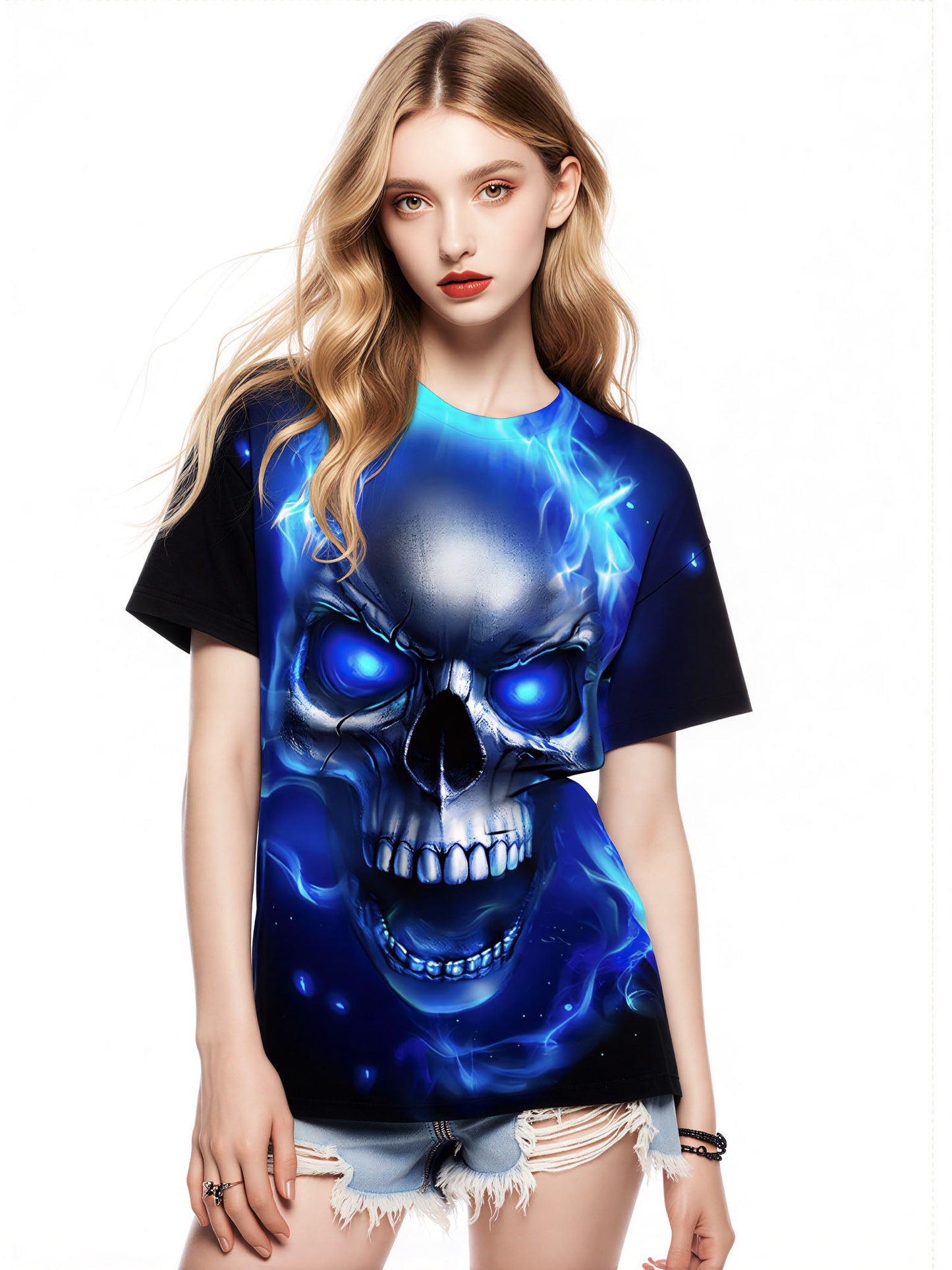 3D All Over Print Blue Flame Skull T-Shirt with Design for Men Women edgy streetwear