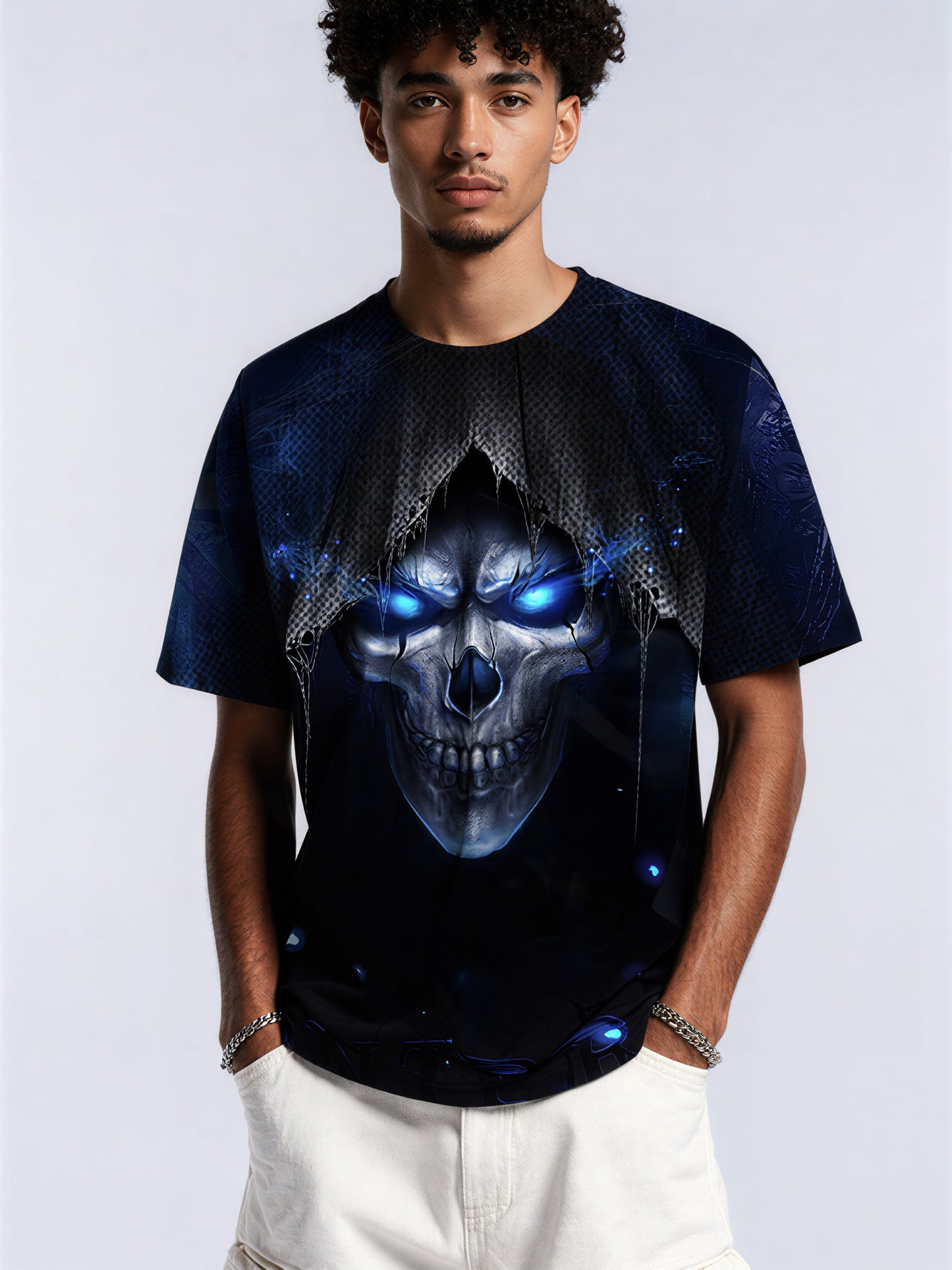 Men Women 3D All Over Print Skull T-Shirt with Glowing Blue Eyes Gothic Streetwear Design