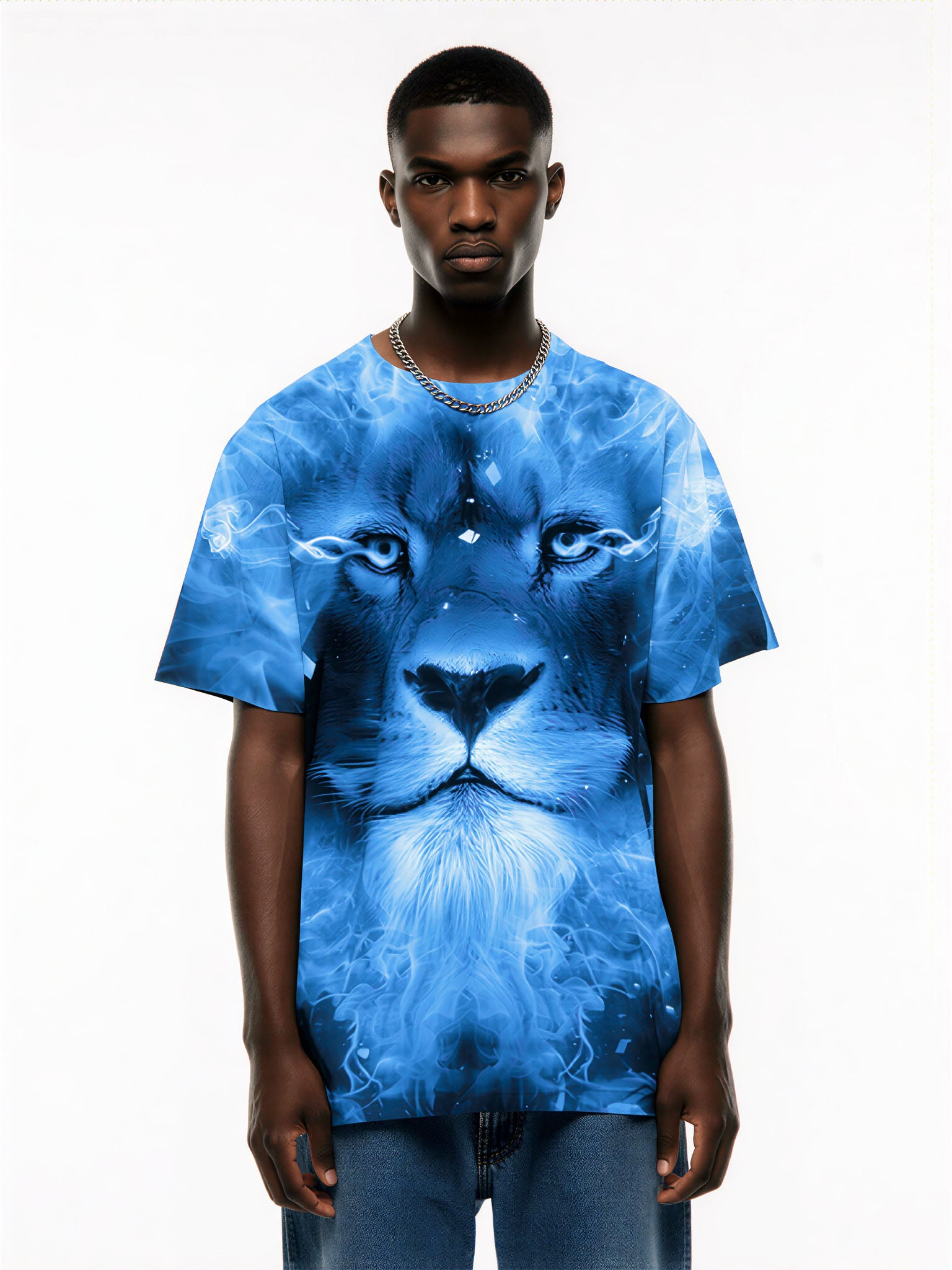 3D All Over Print Lion T-Shirt for Men Women Blue Flame Art Style