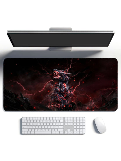 Cybernetic Red Wolf With Lightning In Ruins Large Desk Mat