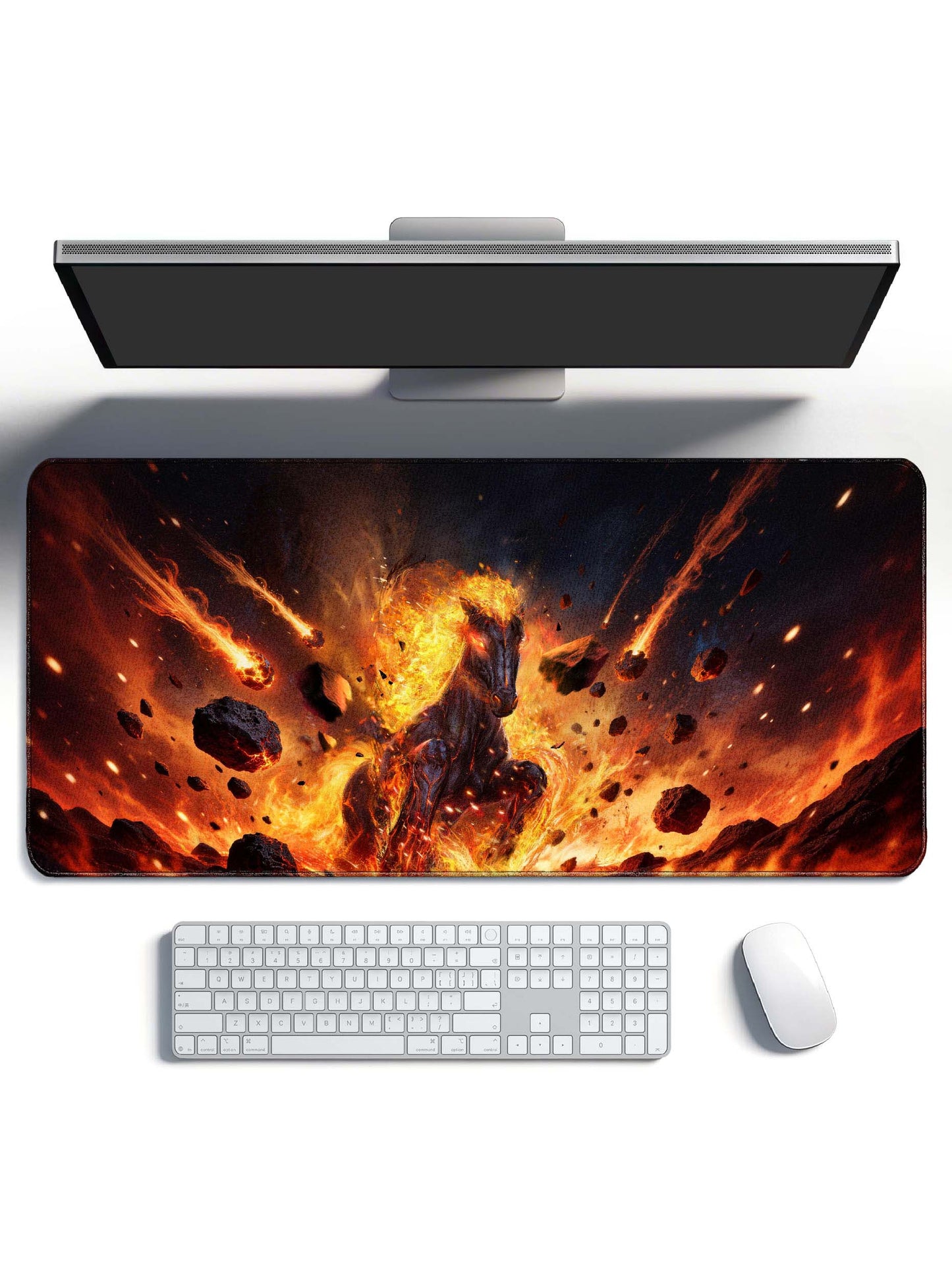 Fiery Horse Emerging From Meteor & Flame Storm Large Desk Mat
