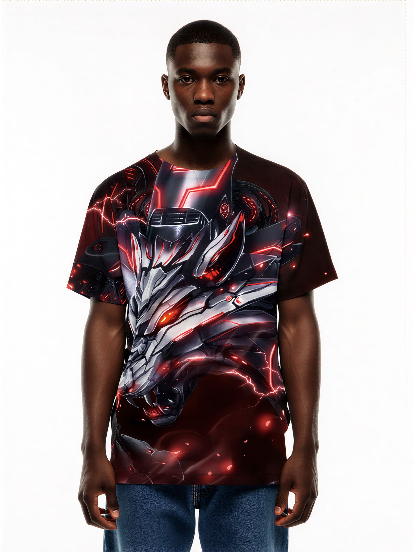 Men Women 3D All Over Print Cyber Dragon T-Shirt Glow Red Lightning Graphic Pullover