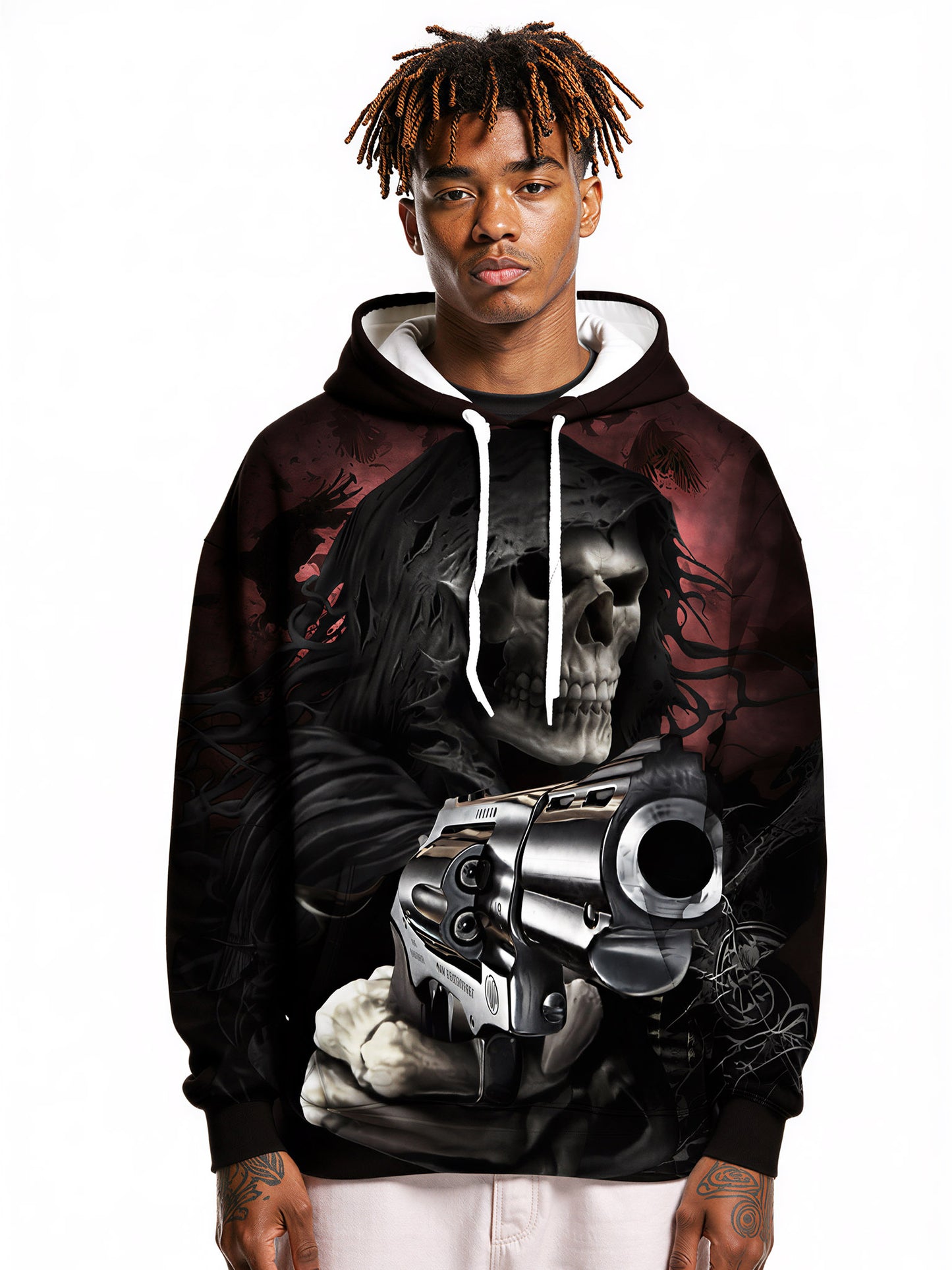 Double Guns Skull 3D All Over Print Hoodie Gothic Dark Aesthetic Streetwear for Men Women