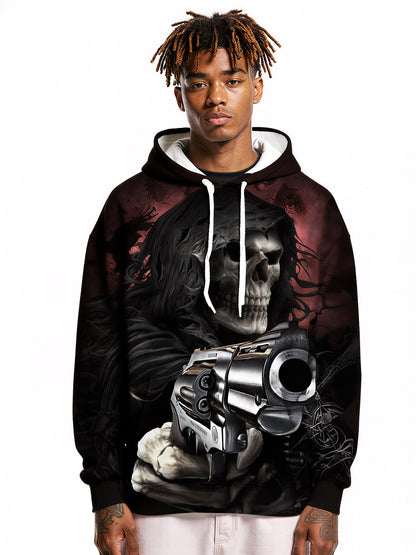 Double Guns Skull 3D All Over Print Hoodie Gothic Dark Aesthetic Streetwear for Men Women