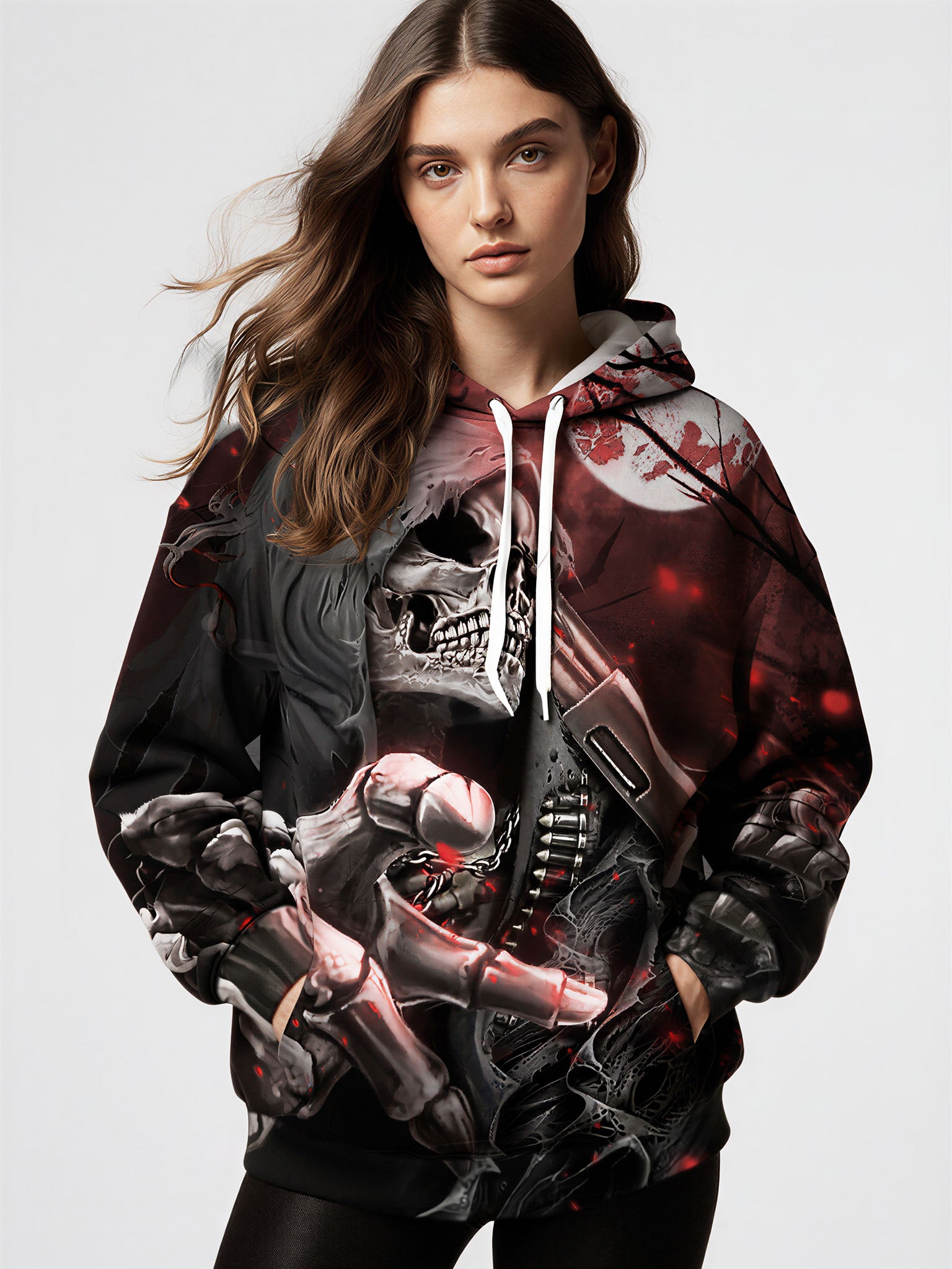 3D Blood-Red Moon Double Guns Skull All Over Print Hoodie Gothic Dark Aesthetic Streetwear for Men Women