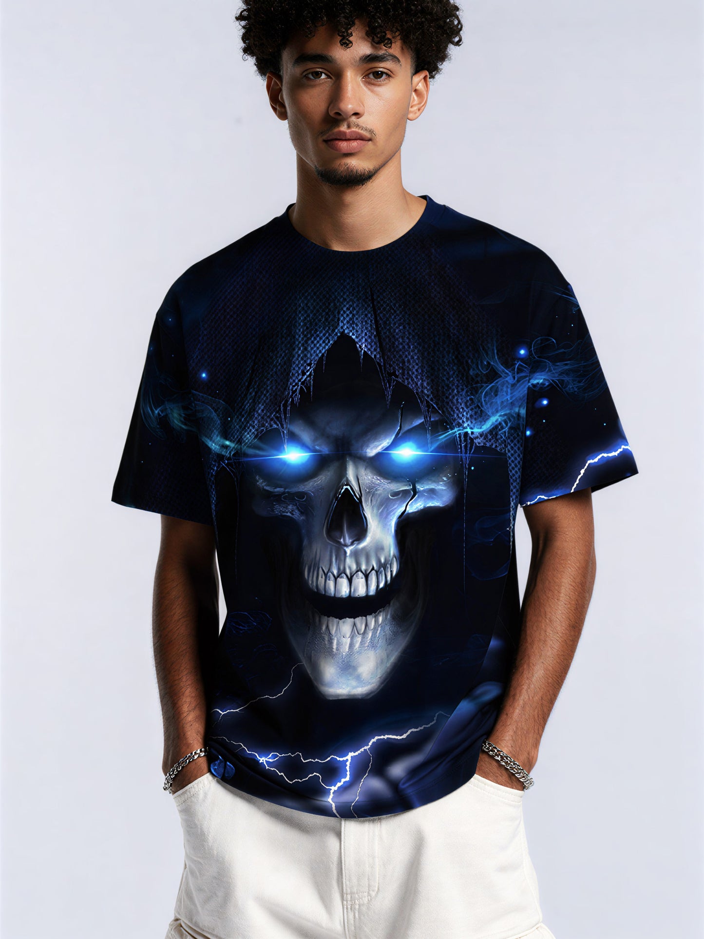 3D All Over Print Skull T-Shirt with Lightning Eyes for Men Women Gothic Streetwear