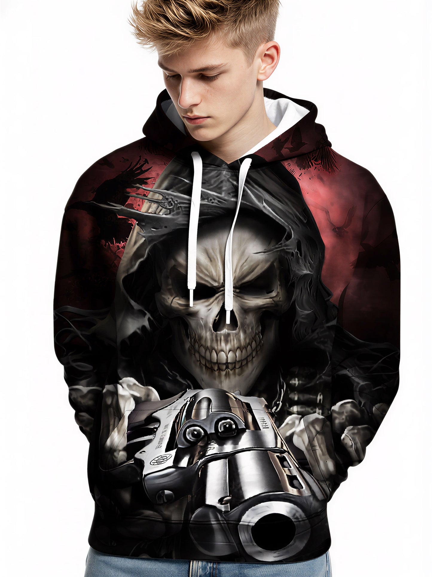 Edgy Grim Reaper Skull Revolver All Over Print Streetwear Hoodie