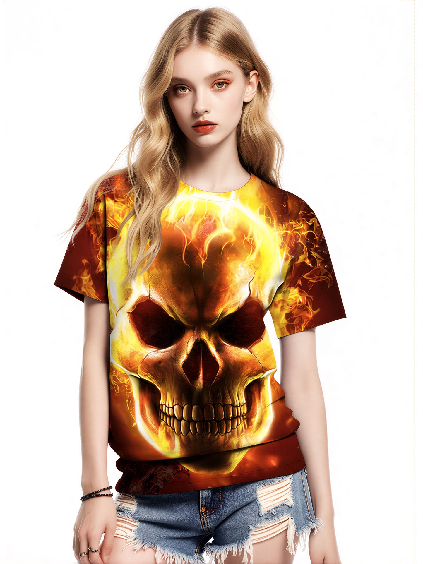 Flaming Skull 3D All Over Print T-Shirt for Men Women, edgy streetwear style with fiery graphic design