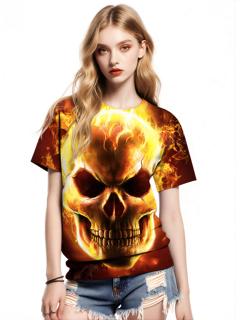 Flaming Skull 3D All Over Print T-Shirt for Men Women, edgy streetwear style with fiery graphic design