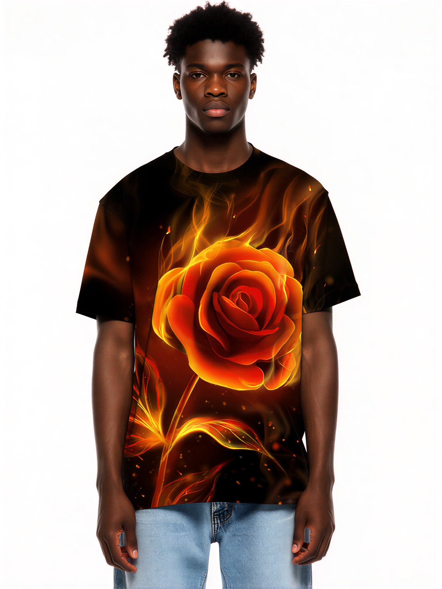 3D Flaming Rose All Over Print T-Shirt for Men Women, Fire Flower Graphic Streetwear Sweatshirt