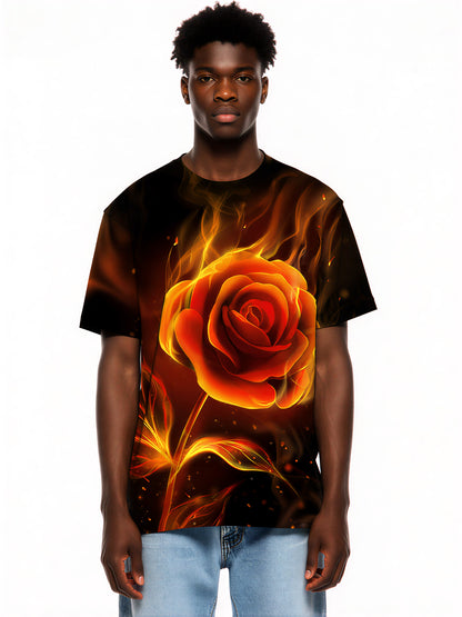 3D Flaming Rose All Over Print T-Shirt for Men Women, Fire Flower Graphic Streetwear Sweatshirt