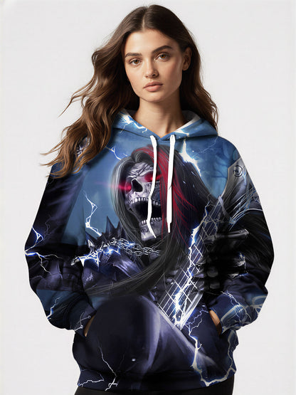 Skeleton Guitarist Hoodie with Lightning and Red Hair Design Men Women 3D All Over Print