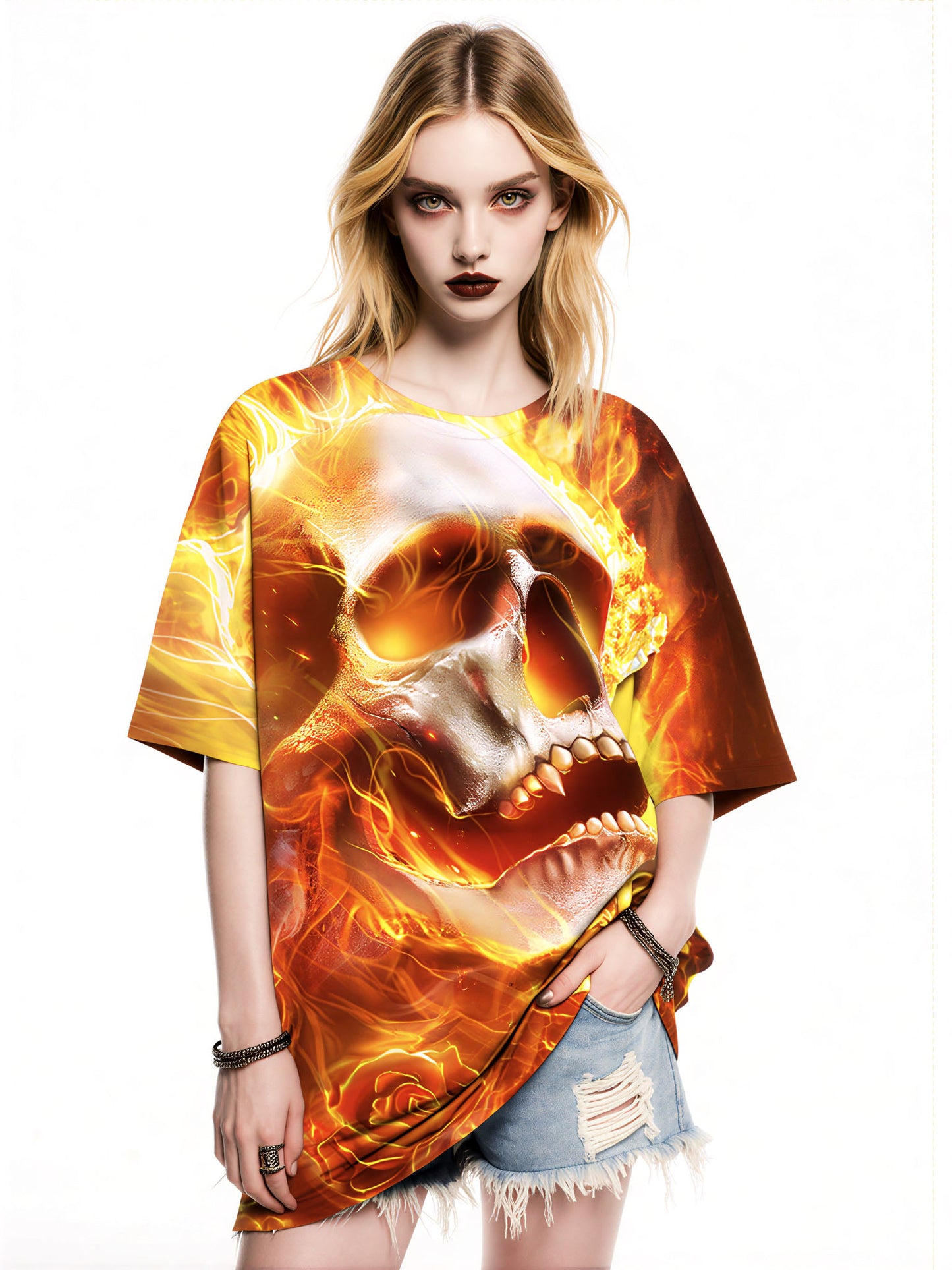 Flaming Skull Rose 3D All Over Print T-Shirt for Men Women edgy streetwear style