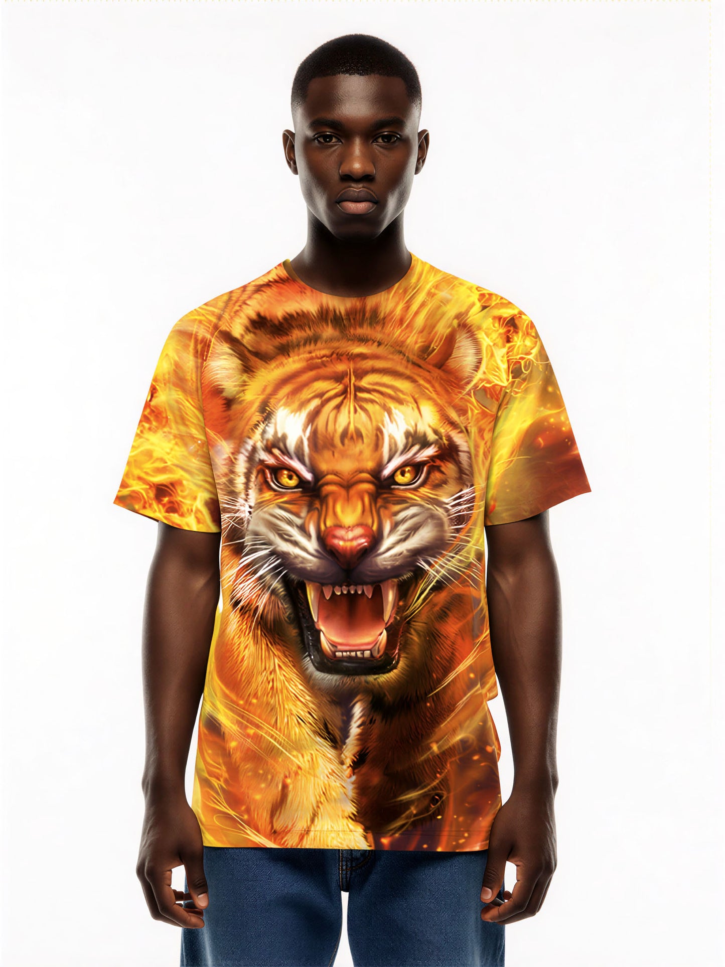 Fierce Tiger Flame 3D All Over Print T-Shirt for Men Women Graphic Streetwear Pullover