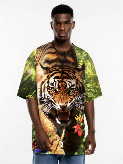 Jungle Tiger with Butterfly 3D All Over Print T-Shirt for Men Women, Wild Animal Graphic Sweatshirt Tropical Leaves