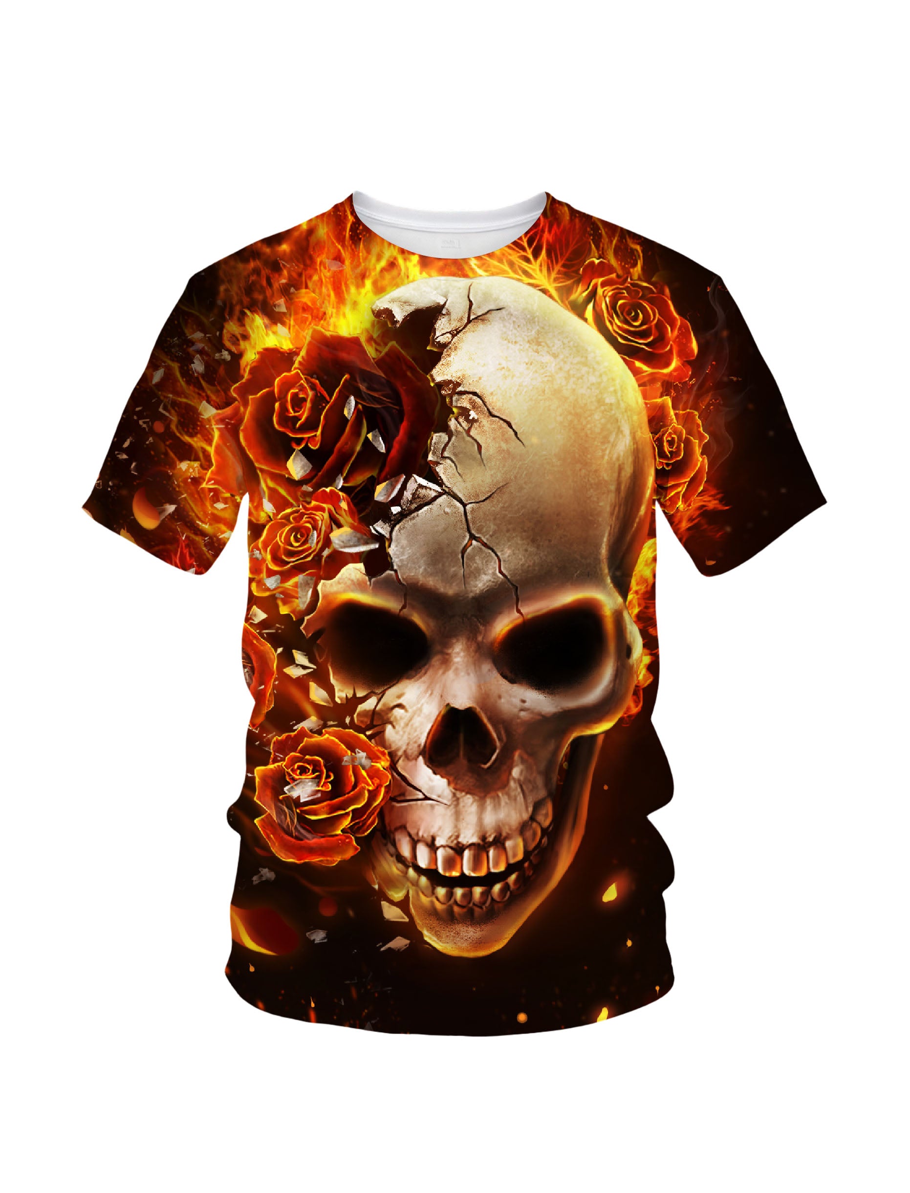 3D All Over Print Skull Rose Fire T-Shirt for Men Women Gothic Streetwear Graphic Pullover