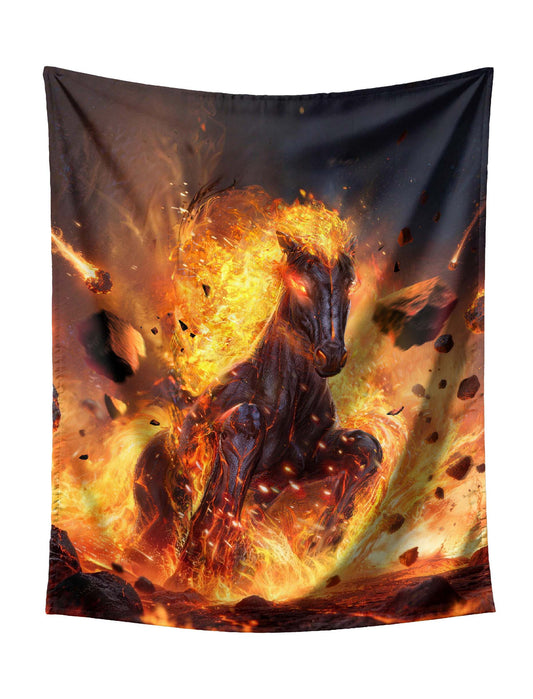 Fiery Horse Charging Through Meteor Shower Tapestry - Powerful Dark Fantasy Wall Hanging for Intense Home Decor