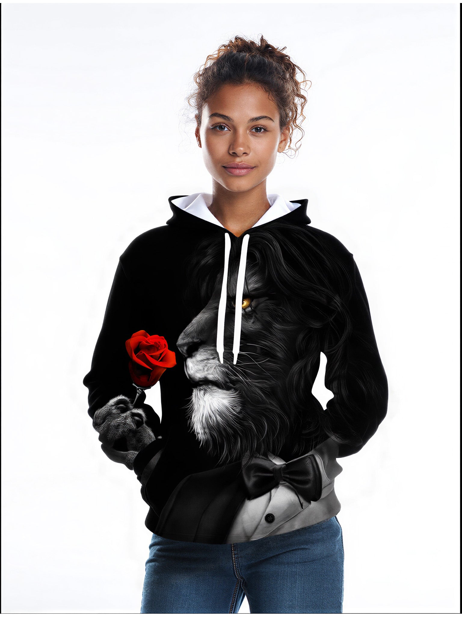 Lion with Rose 3D All Over Print Hoodie for Men Women, Elegant Bow Tie Design