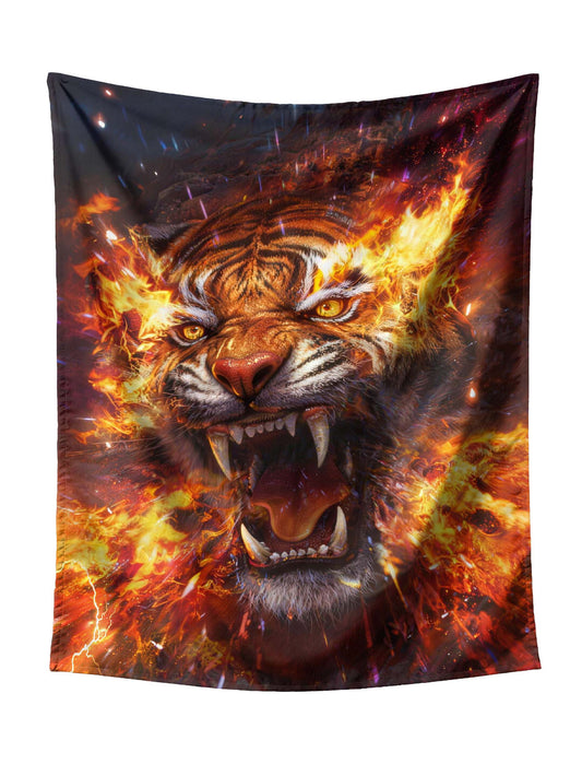Fiery Tiger Roaring With Flames & Lightning Tapestry - Intense Wildlife Dark Fantasy Wall Hanging for Bold Home Decor