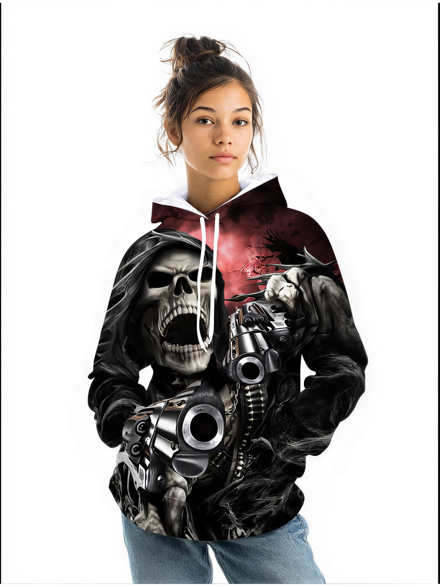 Gothic Skull & Guns Hoodie - Unisex Edgy Pullover