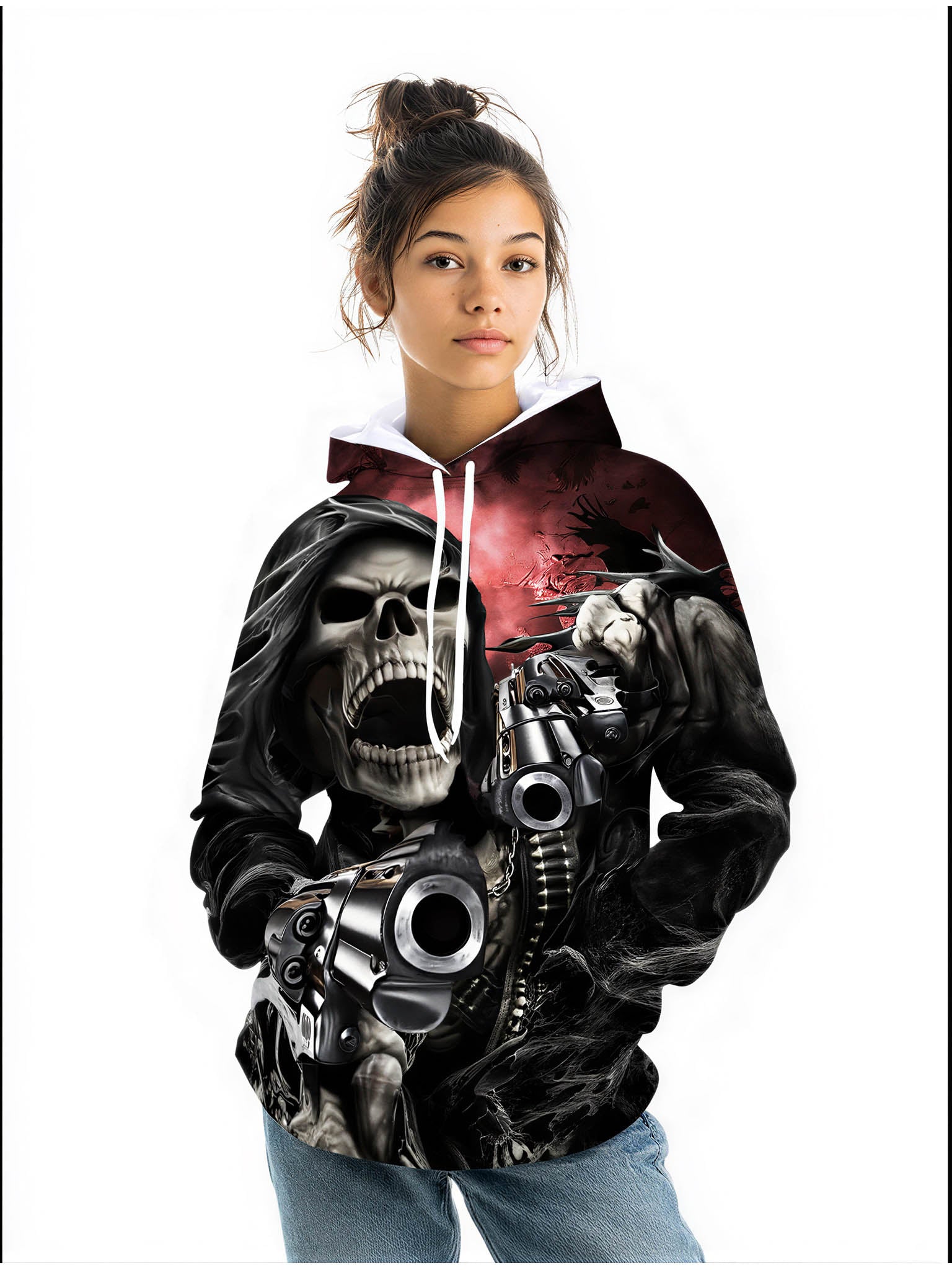 Gothic Skull & Guns Hoodie - Unisex Edgy Pullover