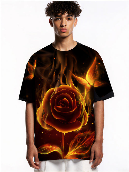 3D All Over Print Flaming Rose T-Shirt for Men Women, Fire Butterfly Graphic Streetwear Sweatshirt