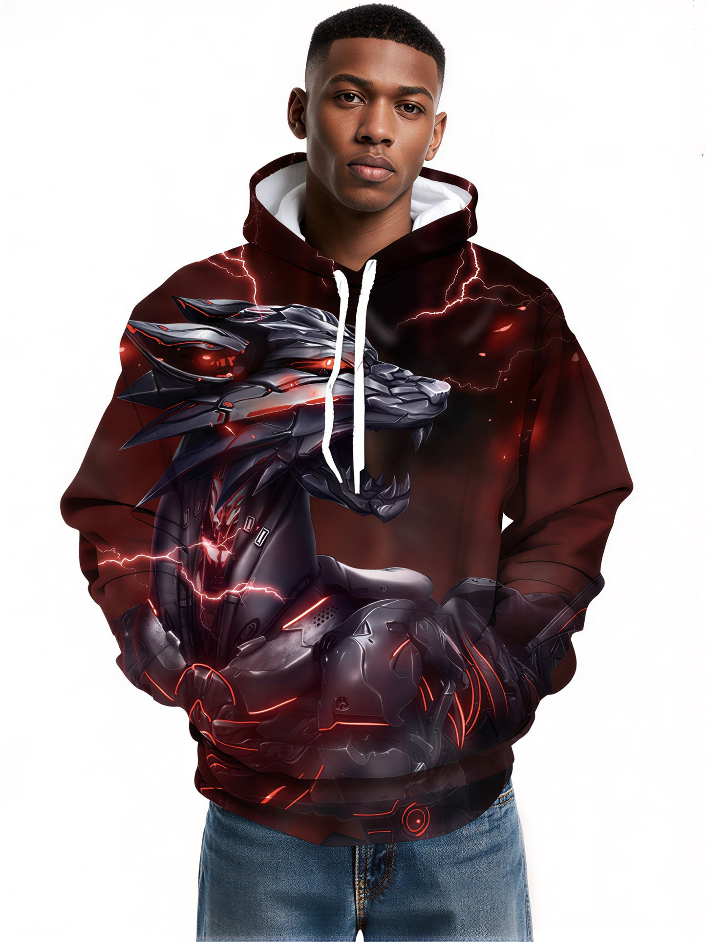 3D Cyber Wolf Hoodie with Lightning Red Glow Design All Over Print For Men Women