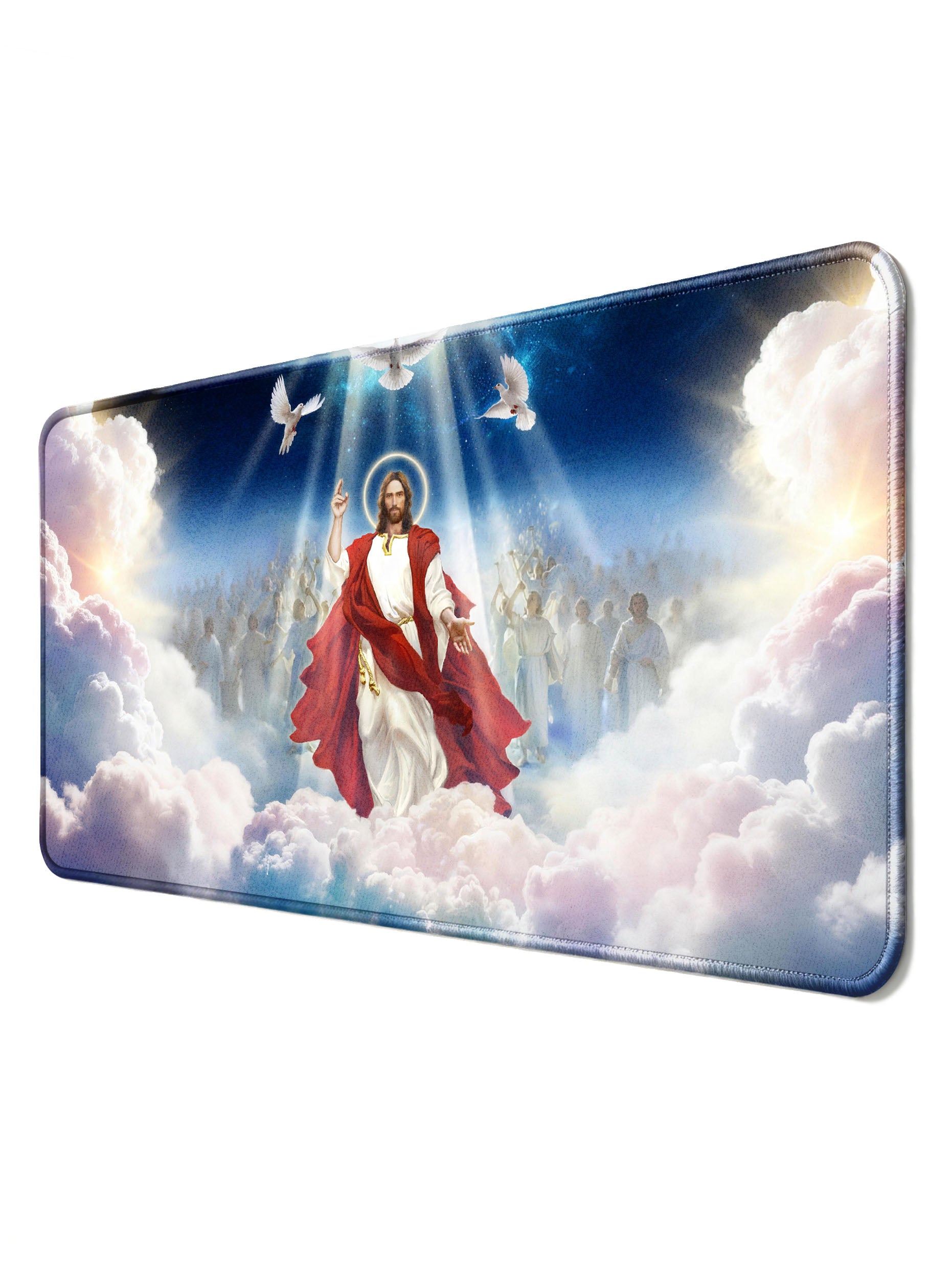 Jesus In Heavenly Clouds With Angels & White Doves Desk Mat