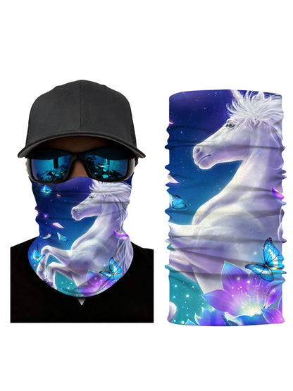 Tube Face Mask with 3D all over print featuring galaxy nebula and ethereal white horse with blue butterflies, Aesthetic style, unisex, breathable fabric, windproof for outdoor use