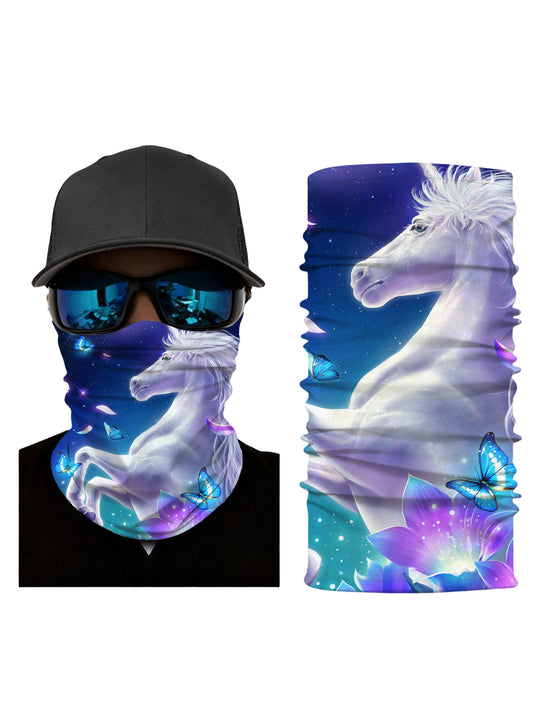 Tube Face Mask with 3D all over print featuring galaxy nebula and ethereal white horse with blue butterflies, Aesthetic style, unisex, breathable fabric, windproof for outdoor use