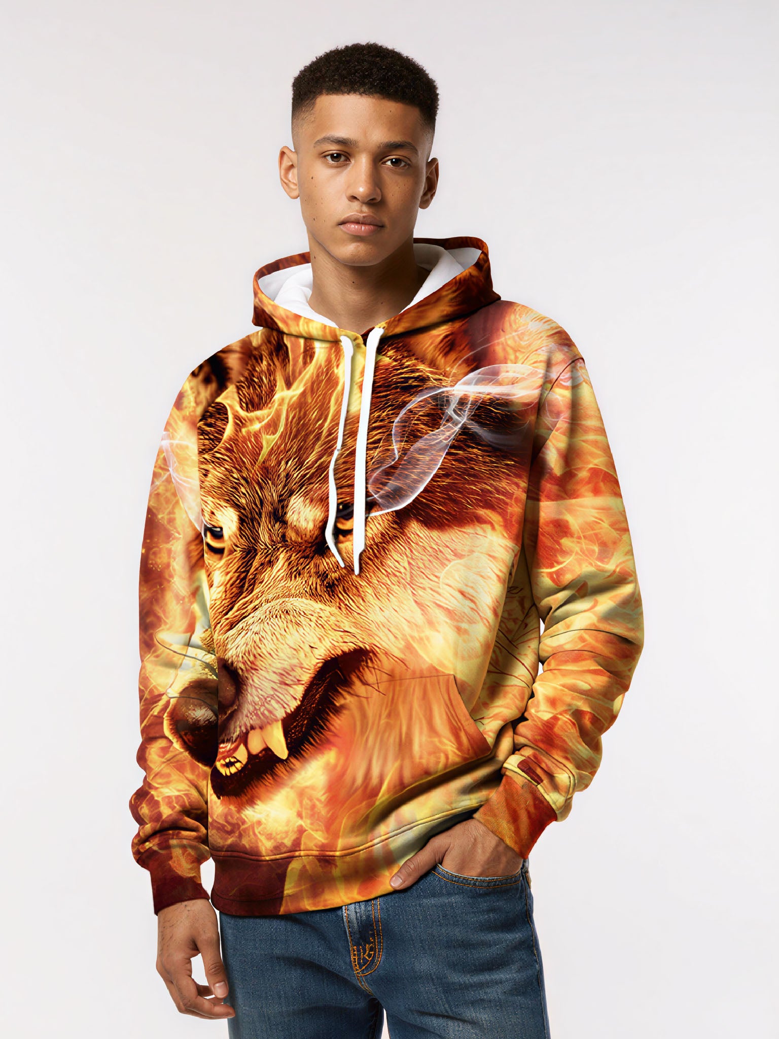 Trendy Flame Wolf Graphic Hoodie Unisex Oversized Casual Pullover