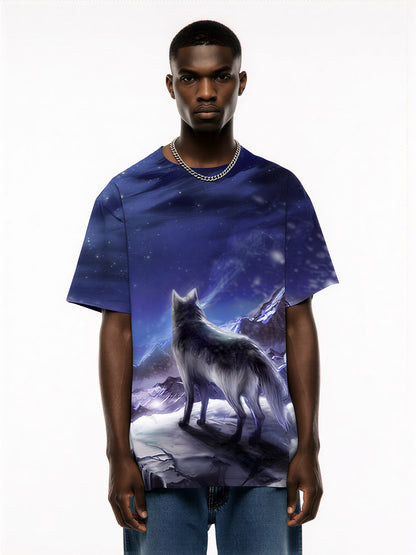 Wolf Mountain Night 3D All Over Print T-Shirt for Men Women Fantasy Art Style