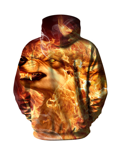 Flaming Wolf Graphic Hoodie 3D Orange Fire Print Unisex Oversized Streetwear Sweatshirt for Men Women
