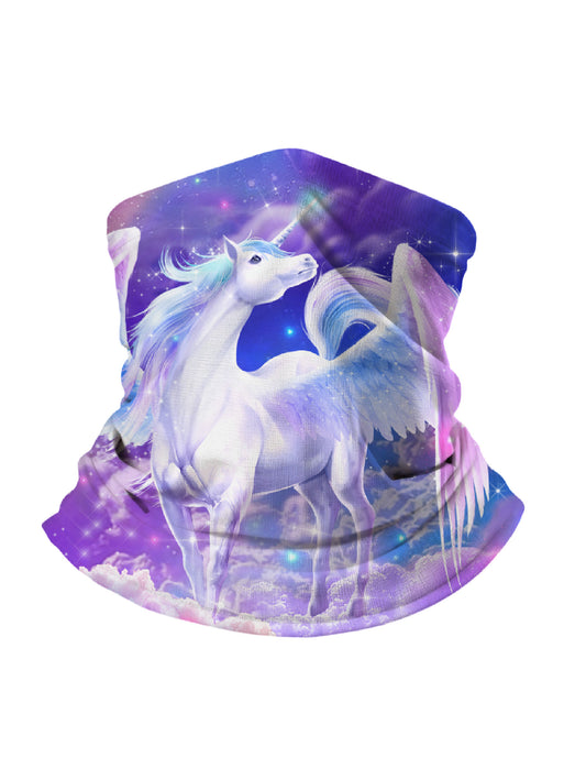 Unisex Neck Gaiter with 3D all over print featuring ethereal winged unicorn in galaxy nebula, Aesthetic style, soft stretchy and UV protection fabric