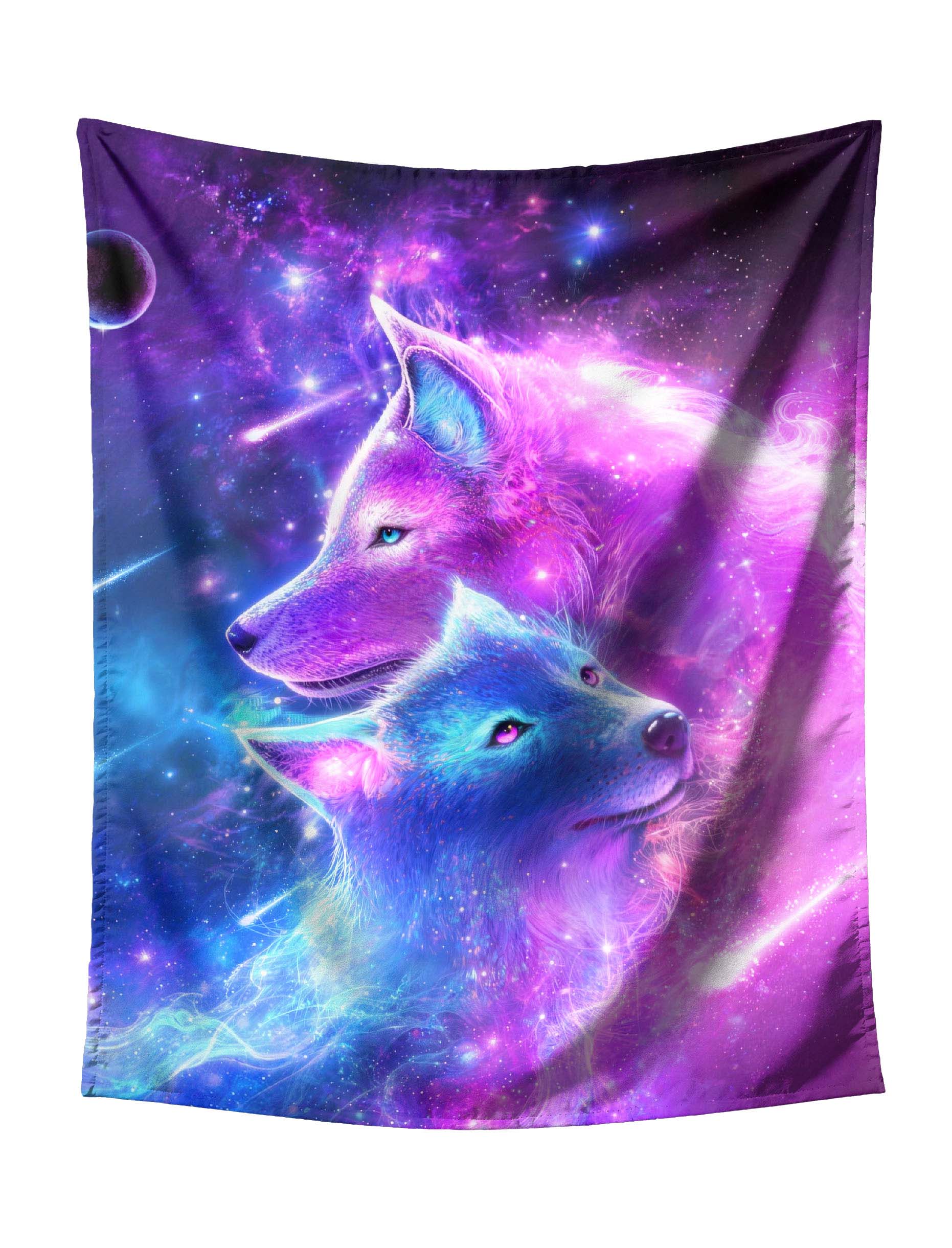 Pair of Cosmic Wolves (Pink-Purple & Blue-Purple) on Starry Galaxy & Planets Tapestry - Mystical Fantasy Wall Hanging for Bold Home Decor
