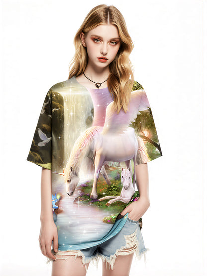3D All Over Print Unicorn T-Shirt for Men Women Fantasy Forest Winged Horse Design