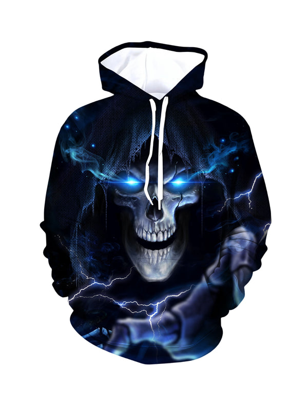 3D All Over Print Skull Hoodie with Lightning Eyes for Men Women Gothic Streetwear
