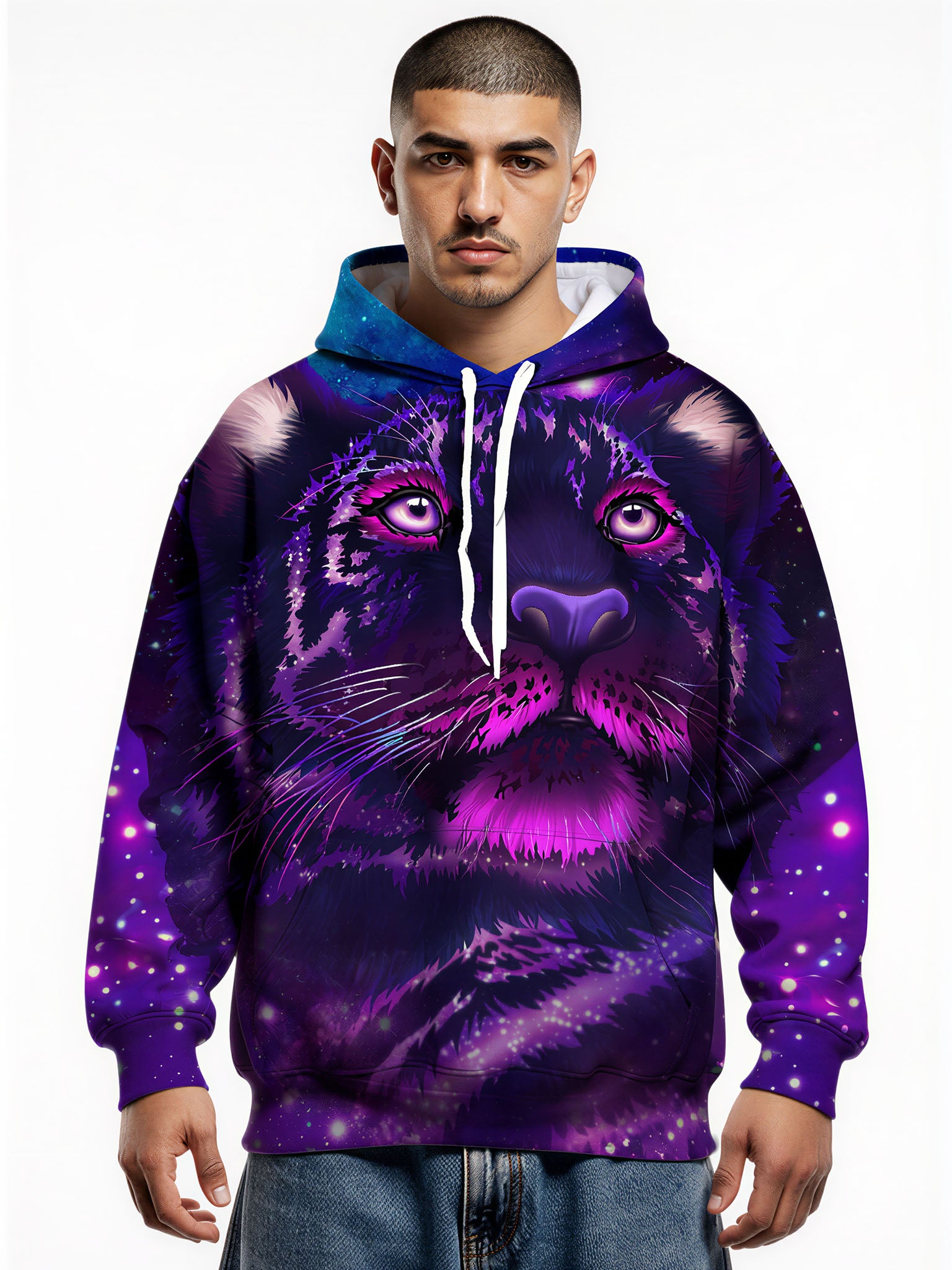 Galaxy Tiger 3D All Over Print Hoodie for Men Women, Cosmic Cat Art Pullover Sweatshirt