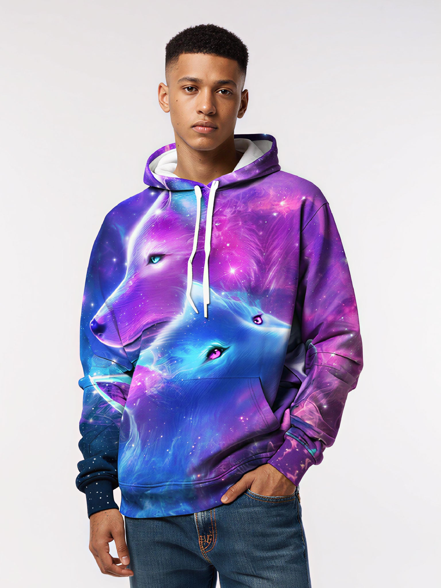 Galaxy Twin Wolves 3D Print Hoodie | Oversized Space Graphic Pullover