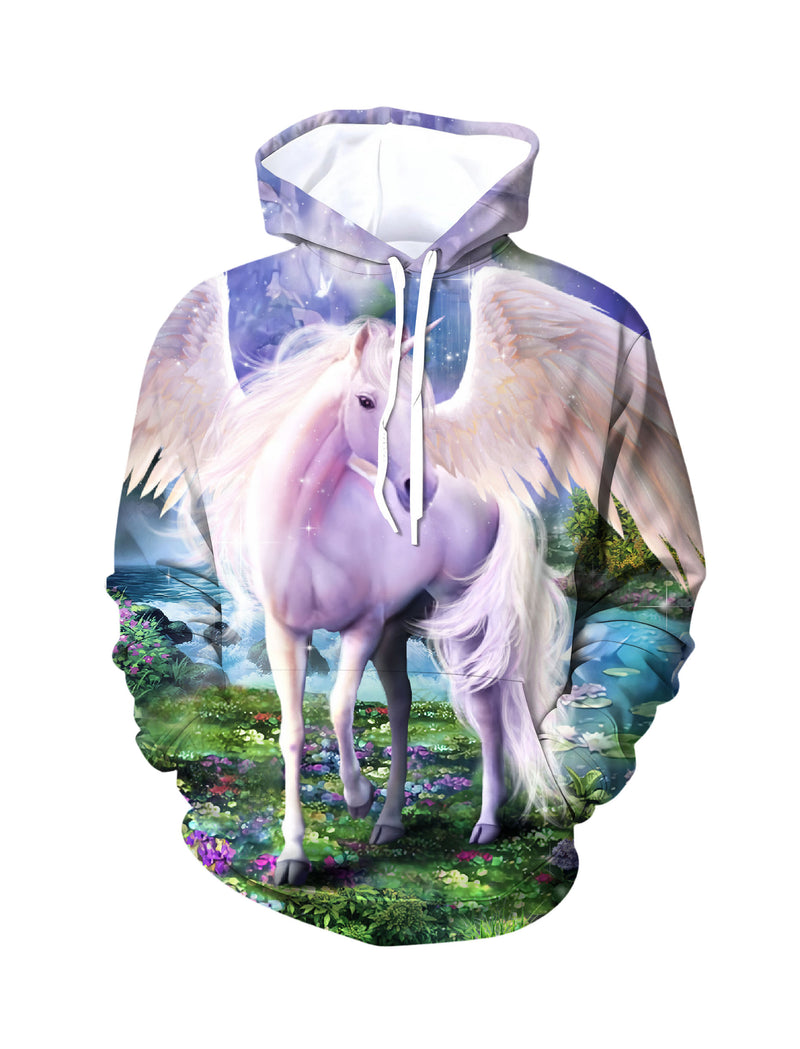 3D All Over Print Unicorn Hoodie for Men Women Fantasy Winged Horse Floral Garden Design