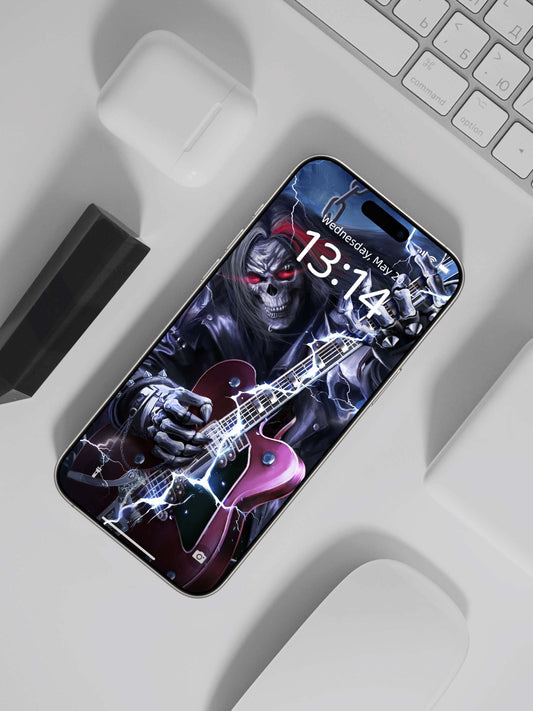 Lightning Skeleton Guitarist (Red Guitar) Phone Wallpaper