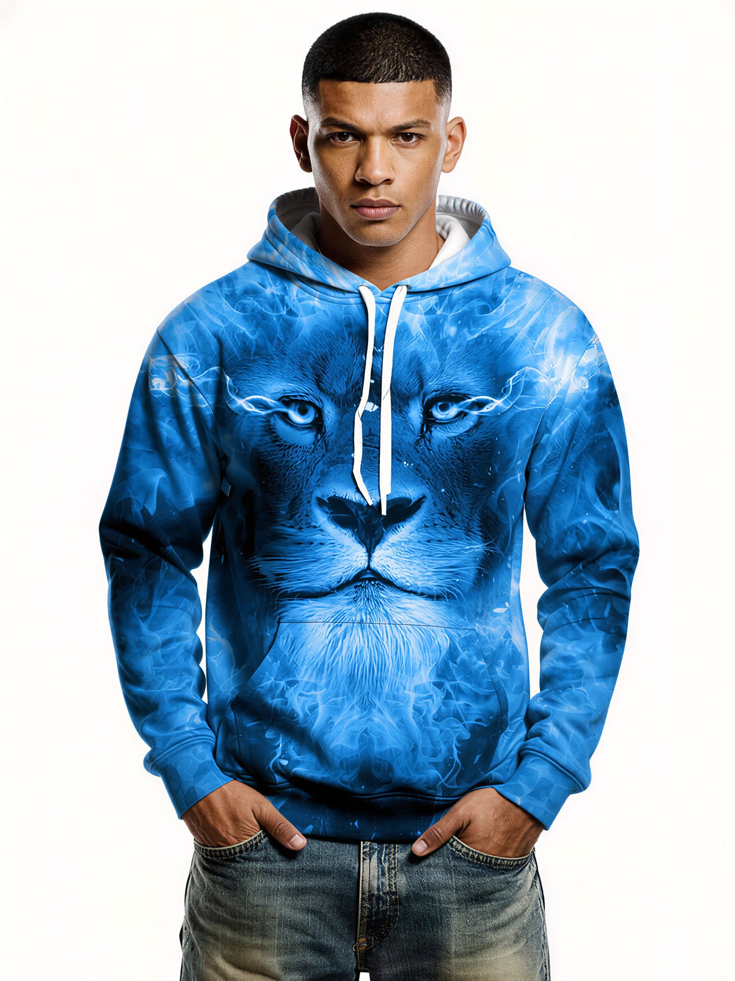 Blue Lion 3D All Over Print Hoodie for Men Women, Ice Fire Graphic Pullover Sweatshirt